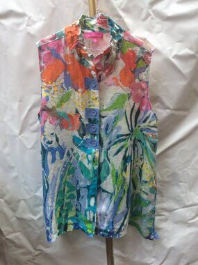100% Linen Claire Desjardins Abstract Art Tunic Top Size XXL